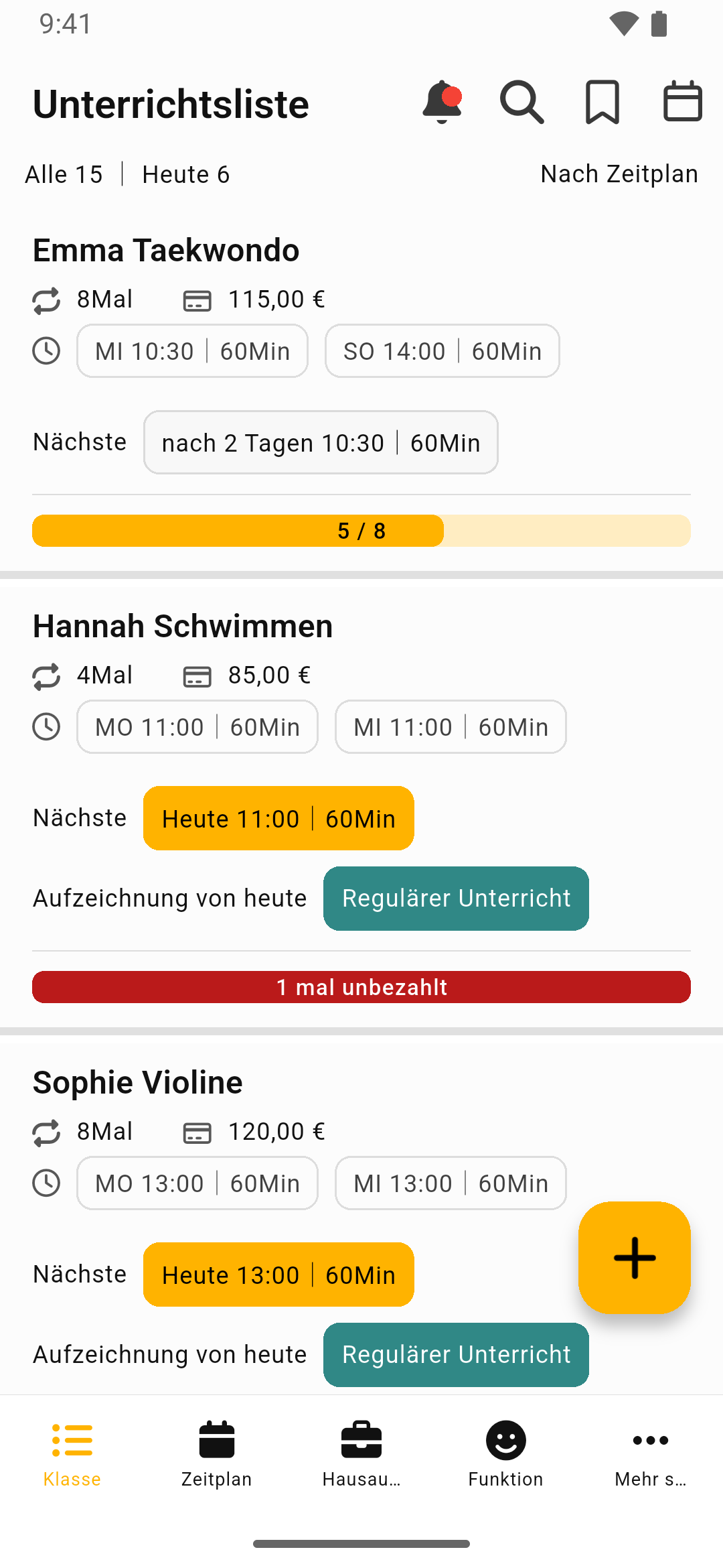 Der Unterrichtslisten-Bildschirm von Kursmanager
