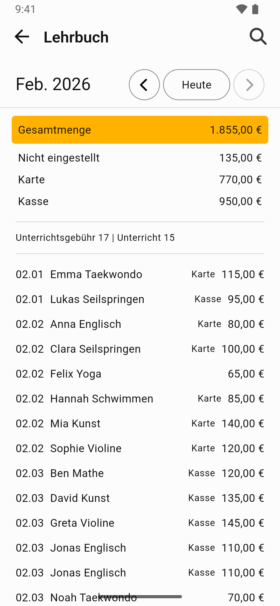 Der Gebührenanalyse-Bildschirm von Kursmanager