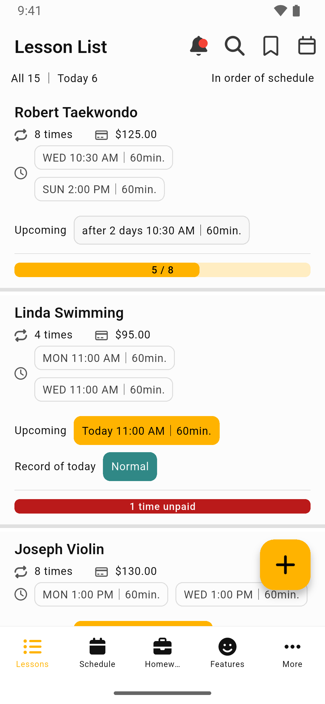 Lesson Manager's lesson list screen