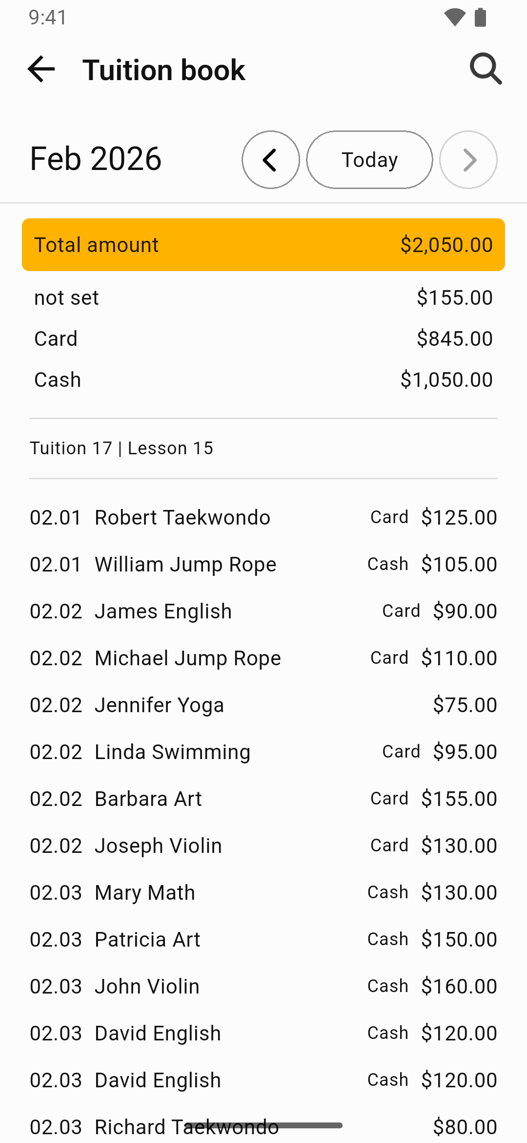 Lesson Manager's lesson fee analysis screen