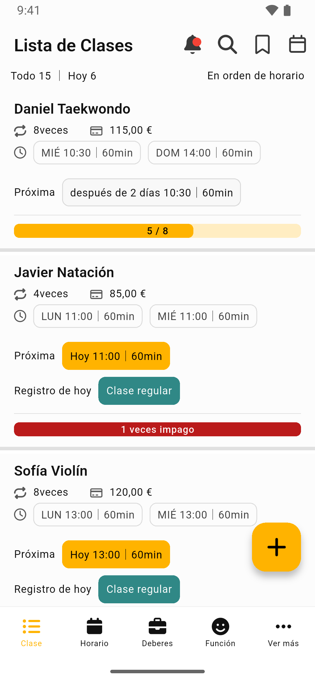 La pantalla de lista de clases de Gestor de Cursos