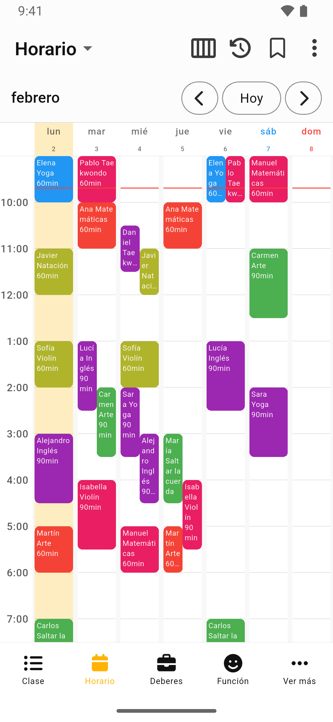 La pantalla de horario de Gestor de Cursos