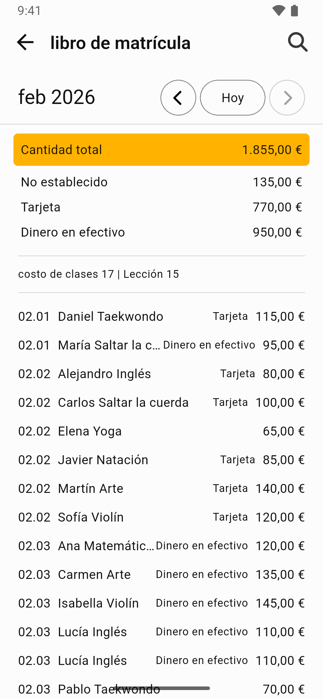 La pantalla de análisis de cuotas de Gestor de Cursos