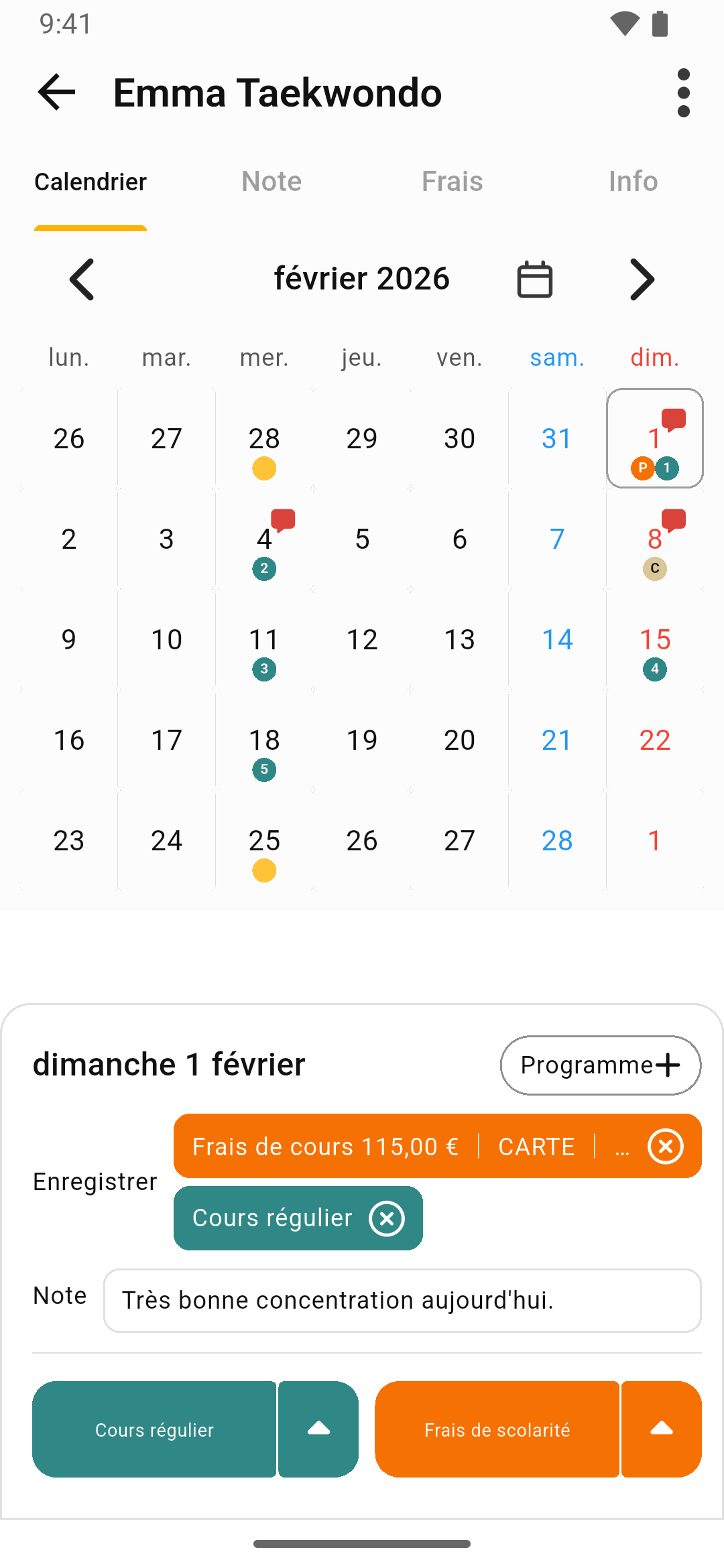 L'écran calendrier de Gestionnaire de Cours
