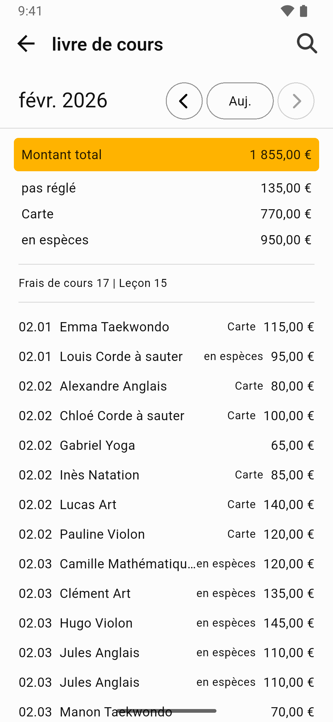 L'écran d'analyse des frais de Gestionnaire de Cours