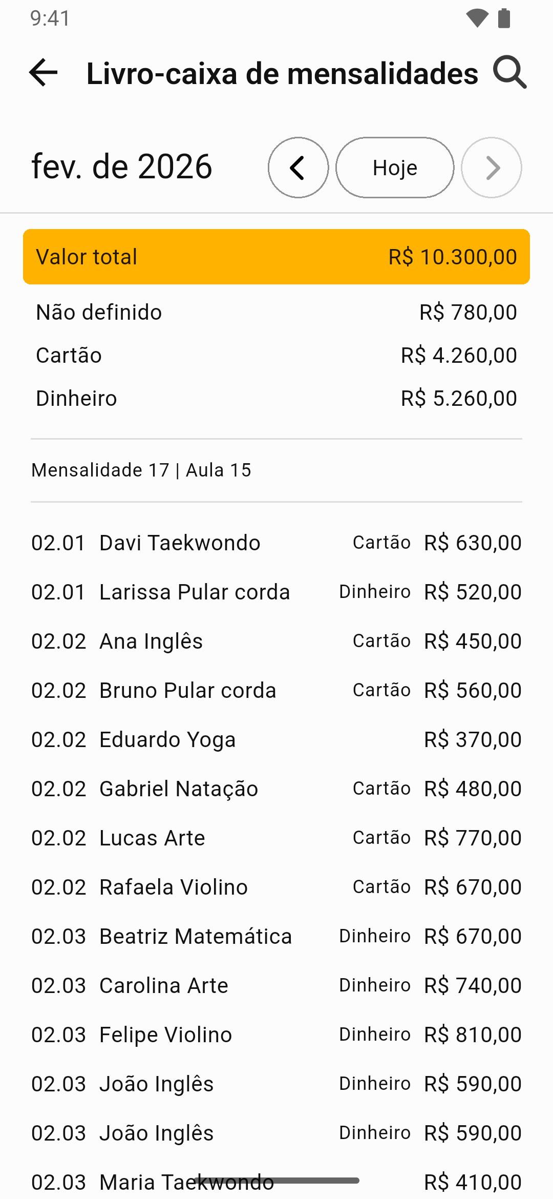 Tela de análise de mensalidades do Gerenciador de Aulas