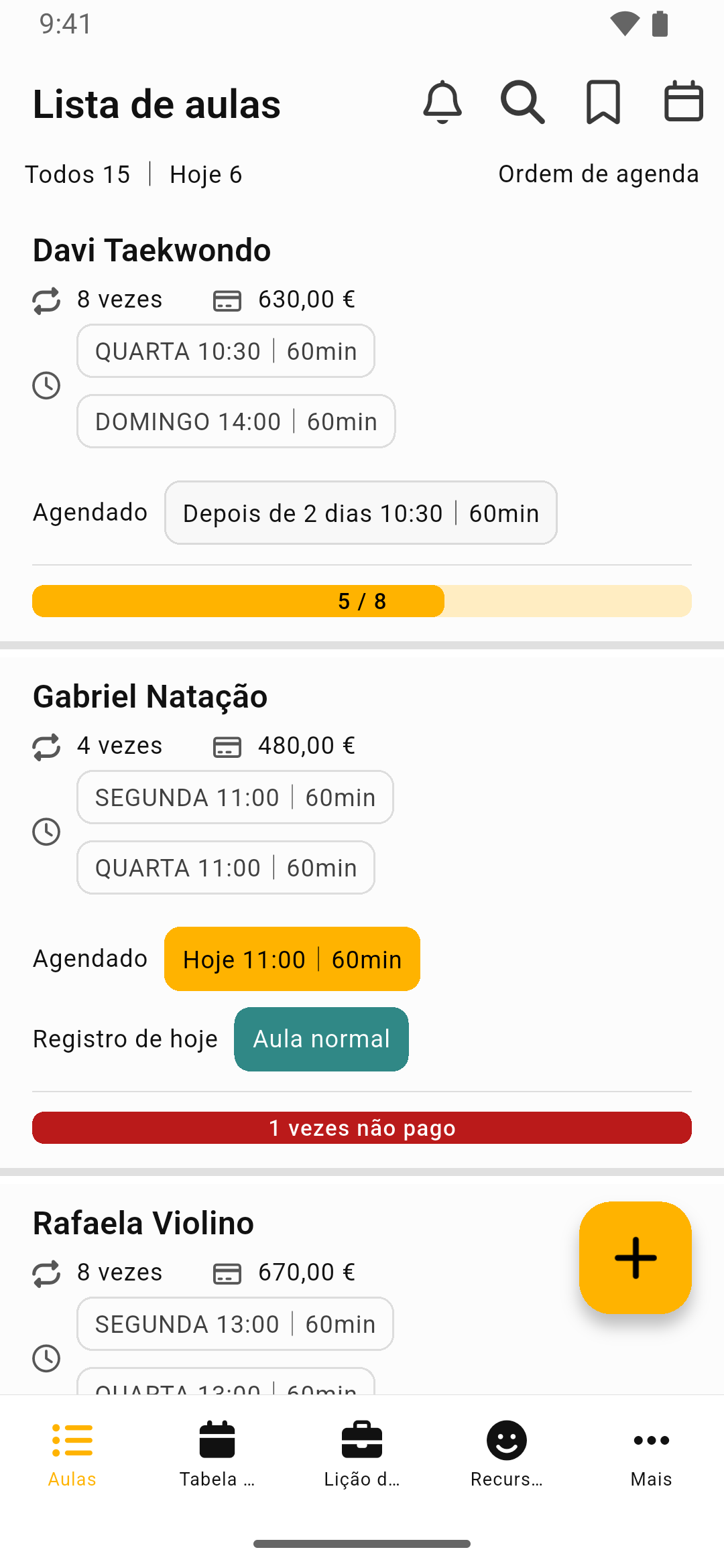 Ecrã de lista de aulas do Gerenciador de Aulas