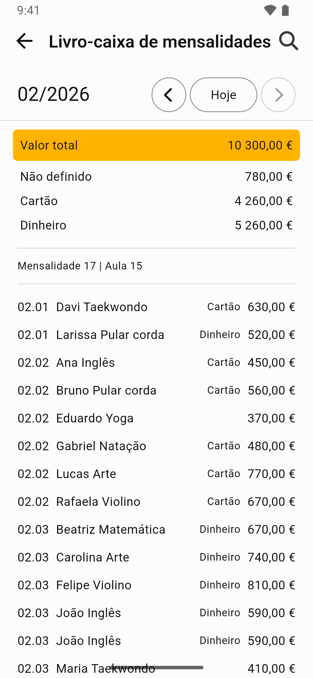 Ecrã de análise de mensalidades do Gerenciador de Aulas